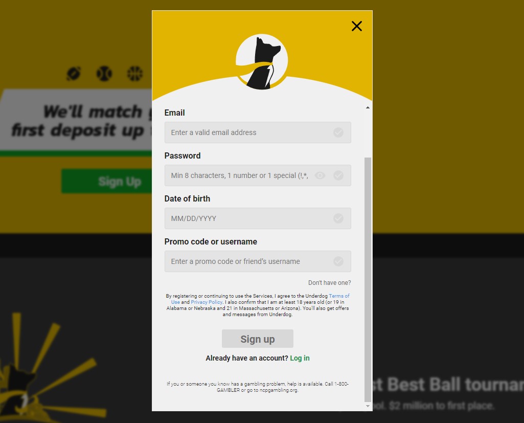 Underdog fantasy sign up code form